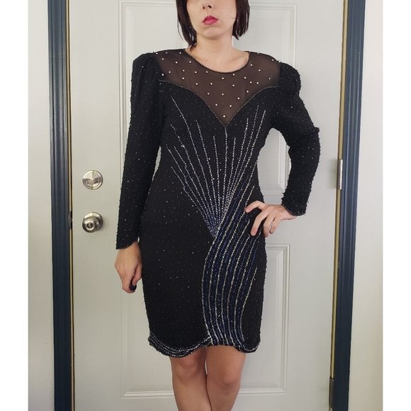 80s Black Silk Beaded Party Dress - Picture 1 of 3